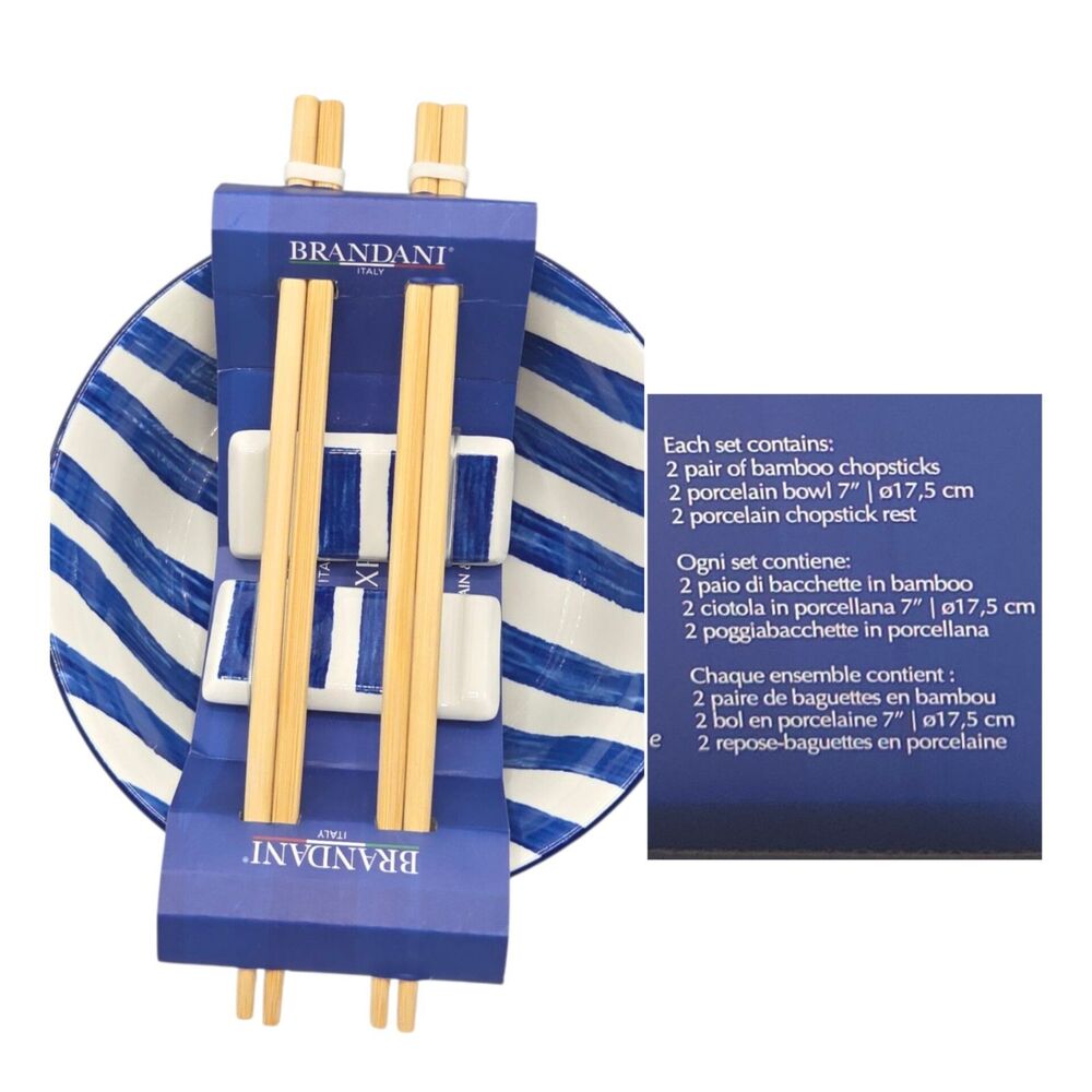 Brandani Italy Sushi Experience 8pc Porcelain Ramen Noodle Bowl Set Blue Striped